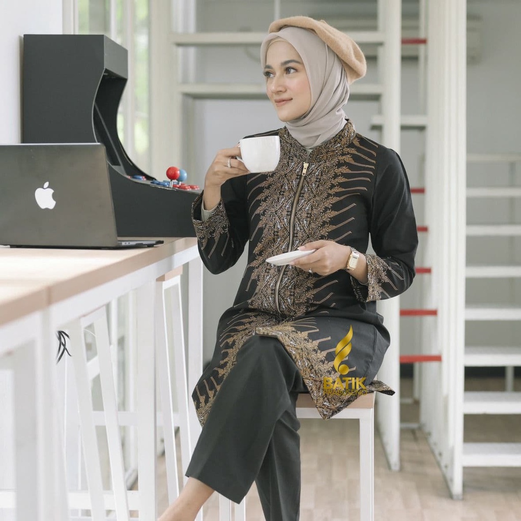Modang Tunik Blouse Batik Atasan Kerja Wanita Batik Wanita Atasan Kondangan Tunik Lengan Panjang Hij