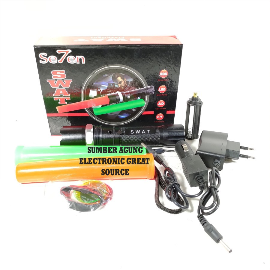 SWAT Senter Se7en Alloy Hitam SWAT Parkir Jarak Jauh Zoom Cahaya Putih