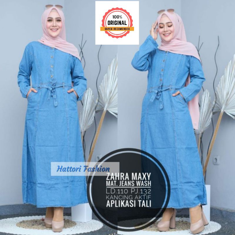 [ Terbaru ] Promo Zahra Gamis Dress Jeans Muslim Import Bahan Jeans Original Kualitas HQ Ld 110 Fit 