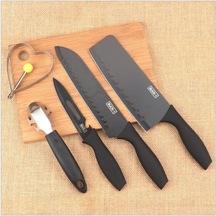 COD - Set Pisau Dapur isi 5 pcs Pisau Dapur + Hitam J13 pisau set warna + talenan Knife Set 5 Pcs