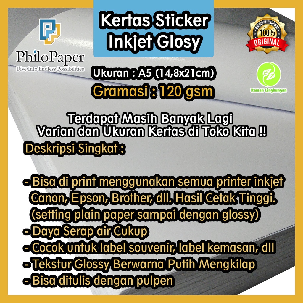 

Kertas Sticker Inkjet Glossy 120 Gsm A5