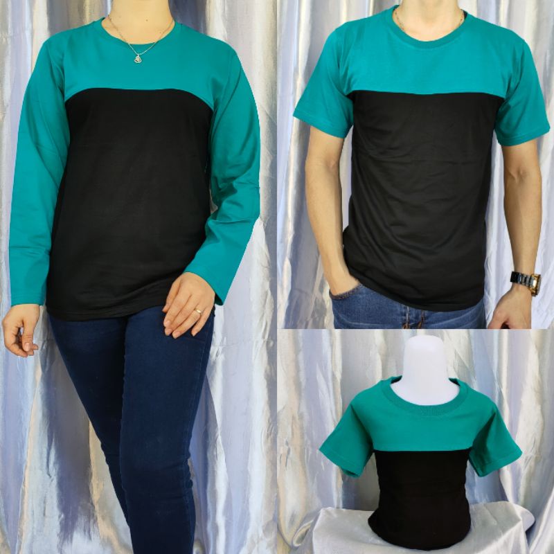 kaos reglan kombinasi TOSCA-HITAM lengan pendek dan panjang uk 20 22 S M L XL XXL