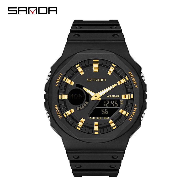 SANDA 6016 Jam Tangan Pria Wanita Digital Sport EL Backlight Tali Rubber Anti Air-Hitam Gold