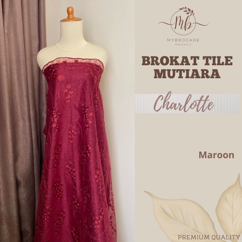 Kain Bahan Furing Kebaya Brokat Brukat Tile Tule Mutiara Charlotte Mewah Murah Warna Merah Tua Marun