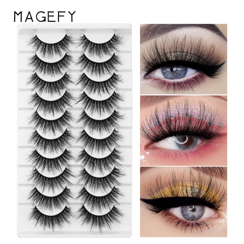 MAGEFY Box of 10 pairs of eyelashes pure handmade 3D imitation mink hair, natural slender, dense curls Fake eyelashes MGY7189