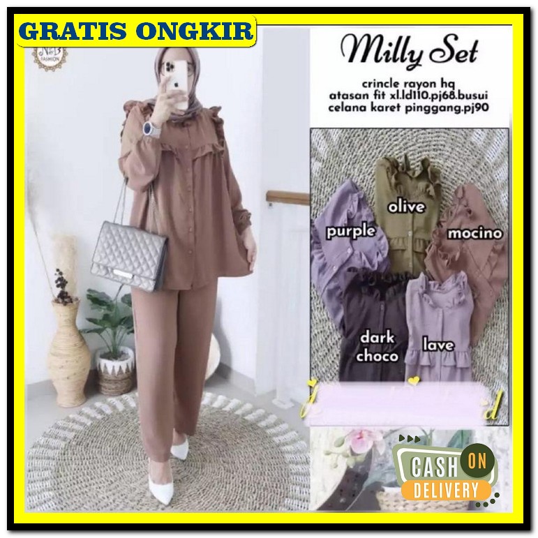 Baju Setelan Wanita Dewasa Import Kekinian Terbaru 2023 Stelan One Set Set Milly Rayon Krinkel/Sete