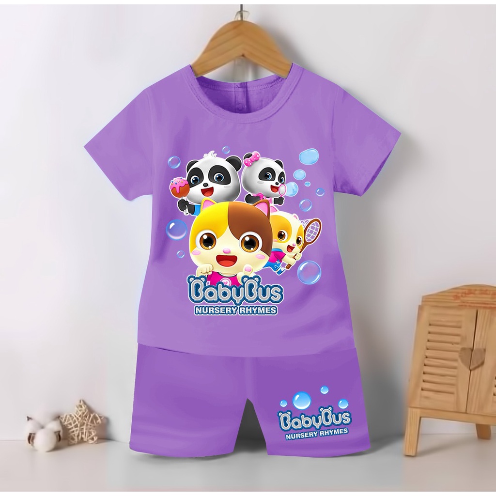 SETELAN BAJU ANAK COWO DAN CEWE MOTIF BABY BUS AND FRIEND  / SETELAN KAOS ANAK COWO DAN CEWE GAMBAR BABYBUS KIKI DAN MIU 1-7 TAHUN ( ASHERKIDS )-UNGU
