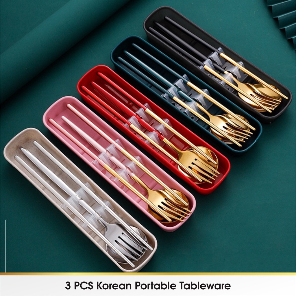 3 Pcs Set Sendok Alat Makan Cutlery Korea Garpu Sumpit Set Box Stainless Steel Travel Silver Gold Peralatan Makan Korea