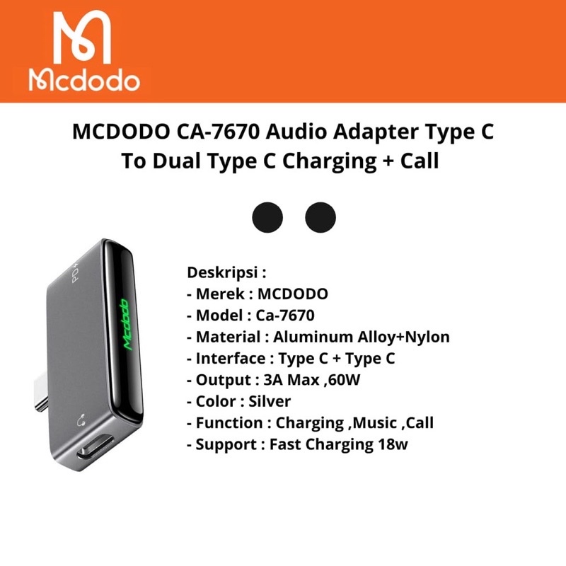 Conventer Audio Adaptor Type C to Dual Type C Fast Charging MCdodo CA-767