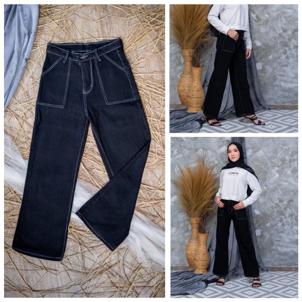 HIGHWAIST KULOT JEANS ALICE WANITA HITAM POLOS /KULOT JEANS KANTONG TEMPEL