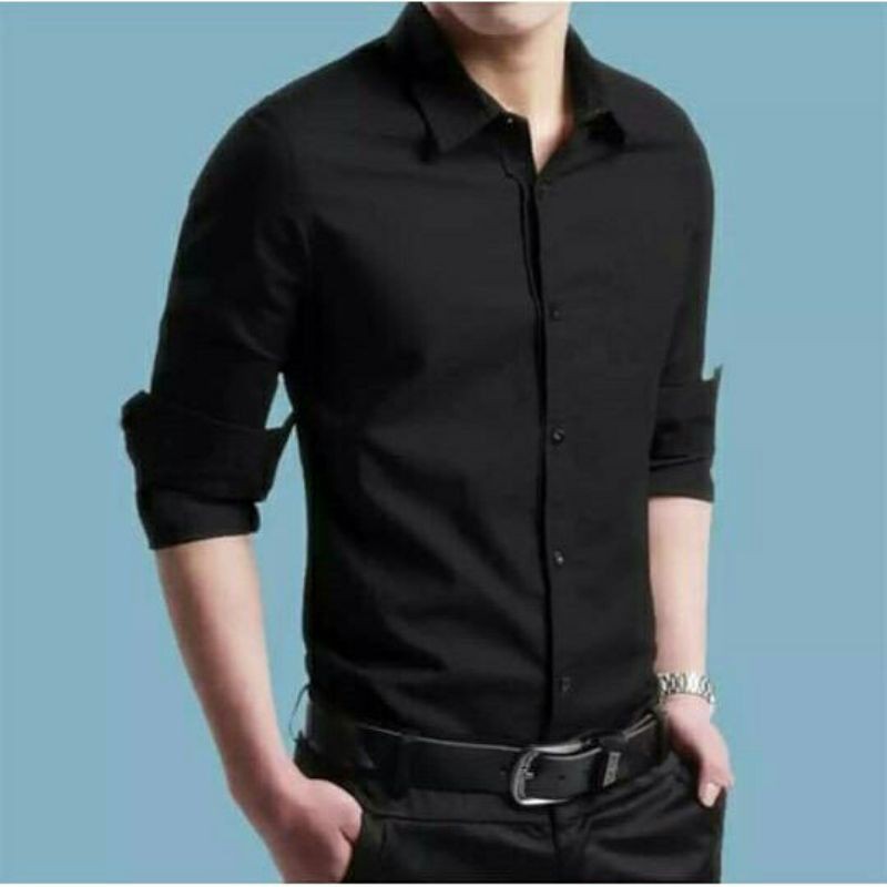 Kemeja Cowok polos lengan panjang slimfit hem pria kantor hitam navy putih