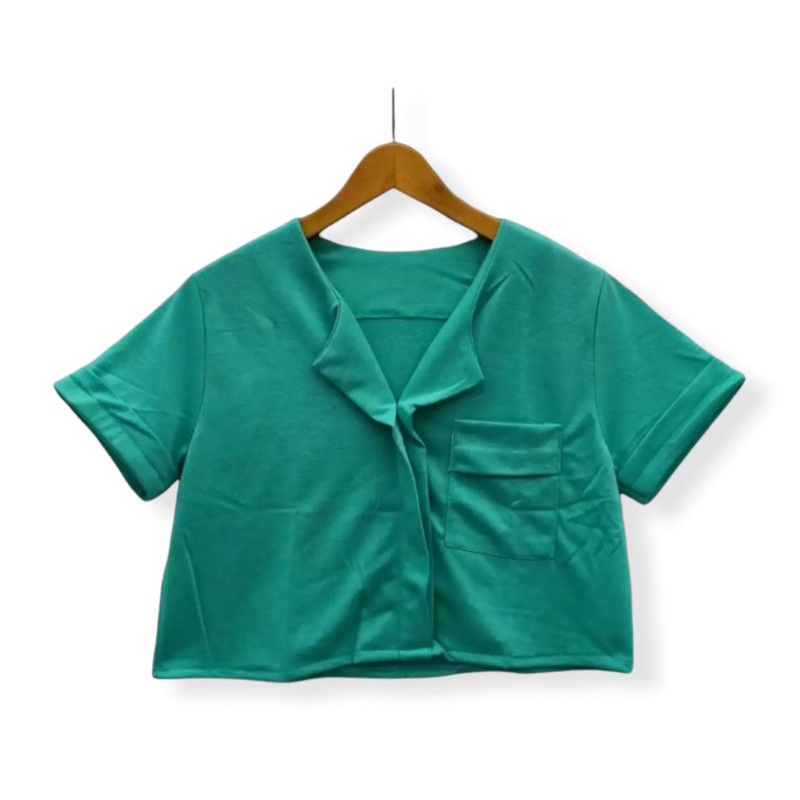 PAKAIAN WANITA DEWASA / KAOS CROP / KAOS LEHER V KANCING / ASNAH SHOP