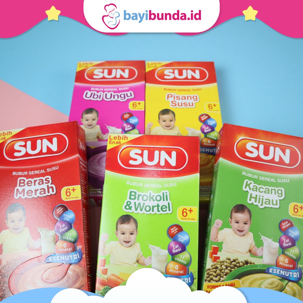 Sun | Bubur Bayi Instan Mpasi | Sereal Susu | Makanan Bayi | 120 gram | 6 bulan Keatas | Kacang Hijau Ubi Ungu Beras Merah Pisang Susu Brokoli &amp; Wortel