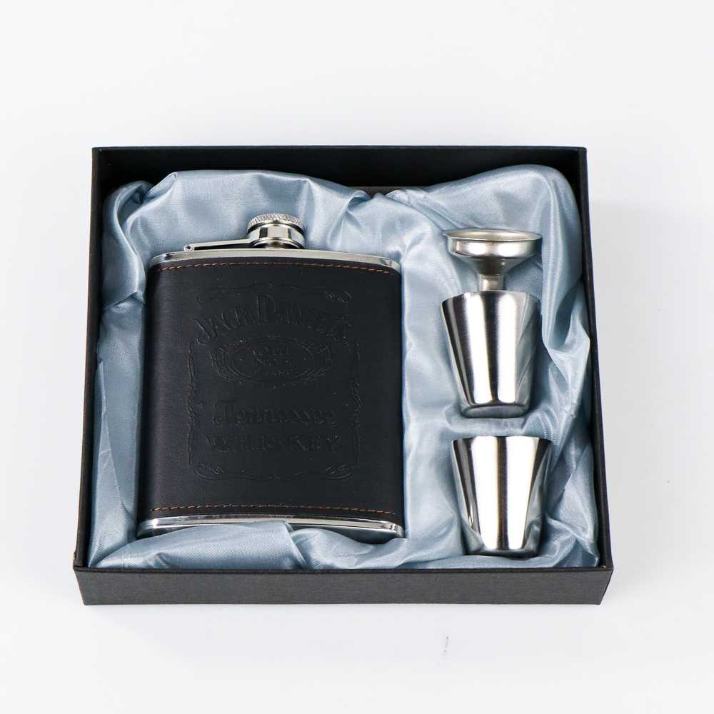 TD-AI04 One Two Cups Botol Bir Hip Flask Stainless Leather 7Oz with Shot Glass