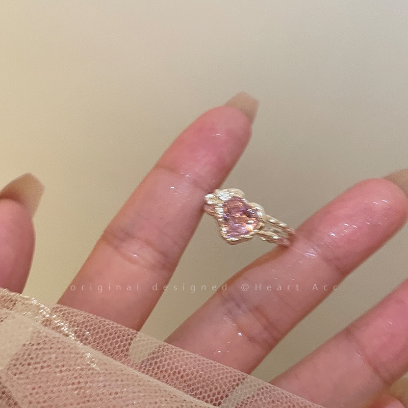 YEEZII Cincin Silver Adjustable Hias Kristal Pink Untuk Wanita