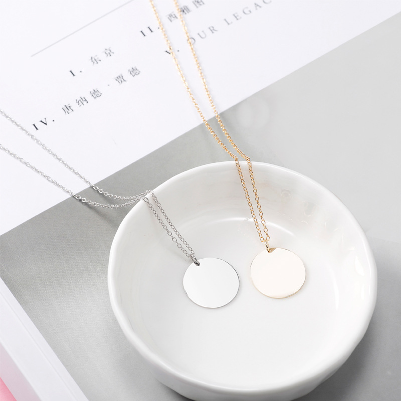 Round Disc Pendant Necklace for Women Gold Silver Clavicle Chain Jewelry Accessories