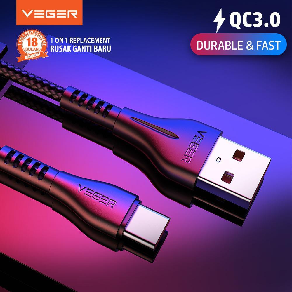 Kabel Data Veger USB C Type C QC 3.0A Fast Quick Charger Charging