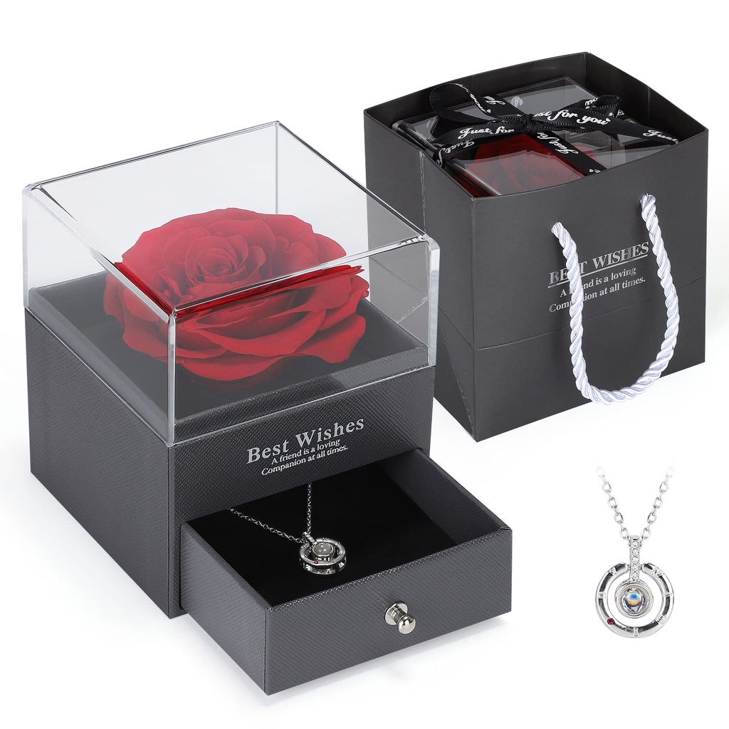 Topspo Tkalung cewek kotak hadiah Diawetkan Mawar Asli 925 Sterling Silver I Love You Kalung 100 Bahasa Buatan Tangan Kalung Hadiah Set I untuk Gadis Wanita Hari Ibu Ulang Tahun Ulang Tahun Hari Valentine Natal Bunga Mawar Asli Paket Hadiah Set Merah