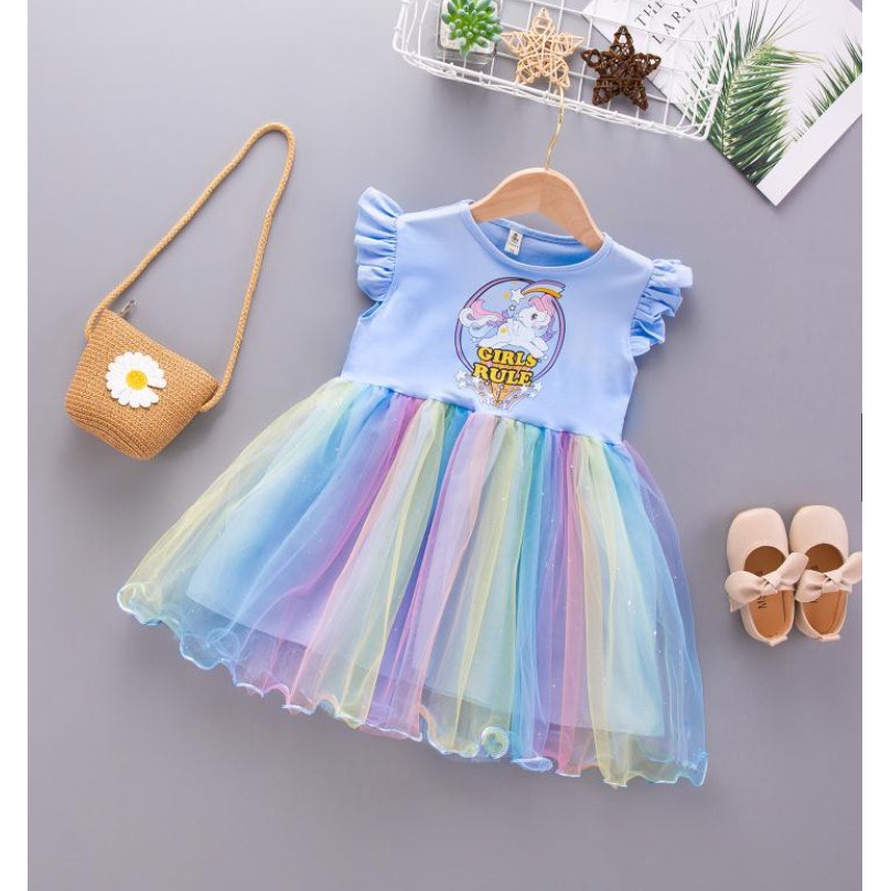 Import Unicorn Dress anak Perempuan Gaun Pesta Dress Tutu Rainbow