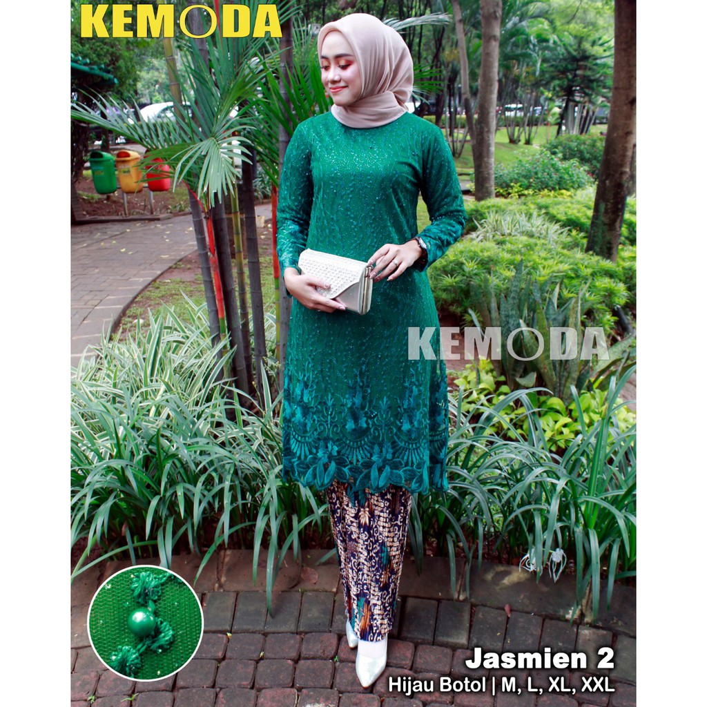 Setelan Kebaya Tunik Tile Jasmine 2 Warna Hijau Botol Mix Plisket / Kebaya Modern