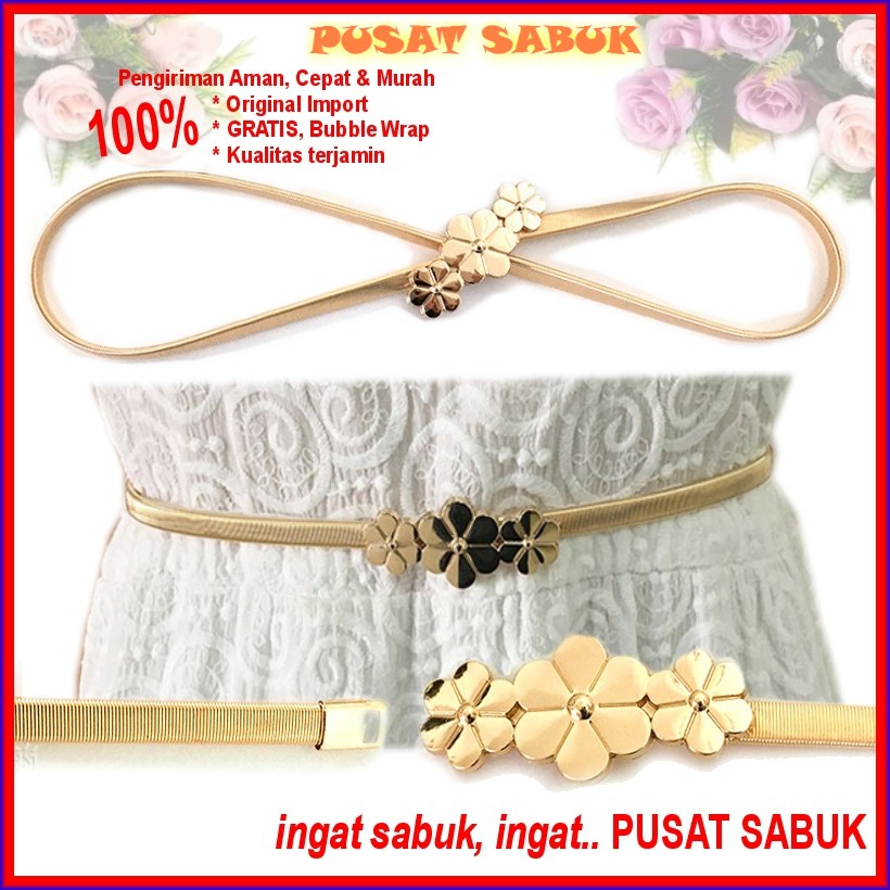 Sabuk Elastis Wanita Fashion Gesper Cewek Ikat Pinggang Belt Gold Daun Emas Stretch Pita obi rantai