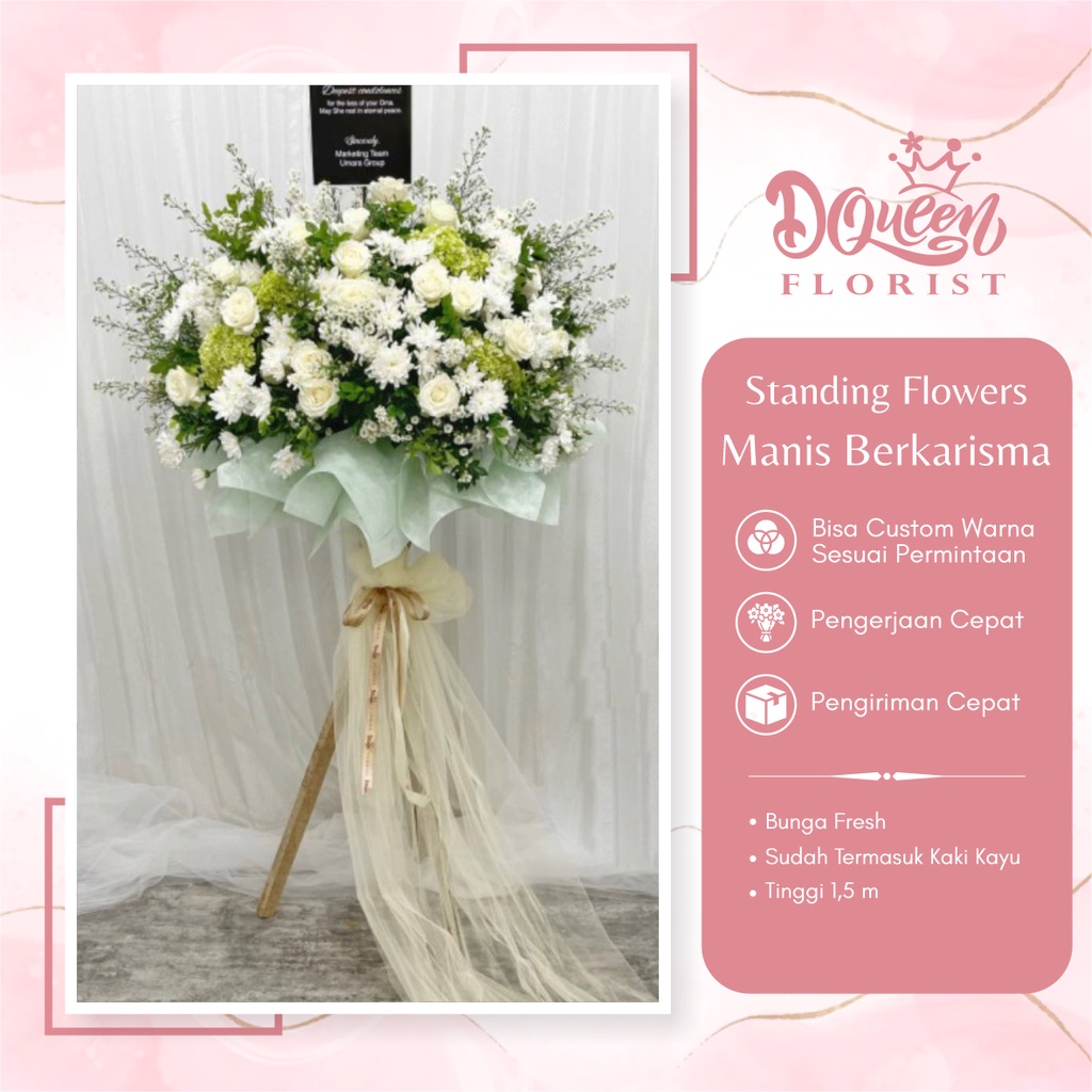 Standing Flowers Manis Berkarisma Stending Flower Bucket Buket Bunga Ucapan Selamat Hadiah Happy Birthday Wedding Lamaran Wisuda Ulang Tahun Peresmian Grand Opening Natal Papan Karangan Duka Cita Belasungkawa 100% Asli Fresh