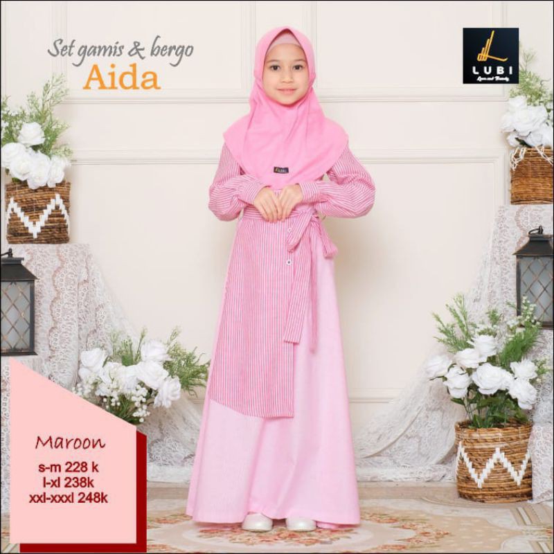[NEW] SET GAMIS DAN HIJAB ANAK LUBI AIDA MARUN SIZE XXL MURAH