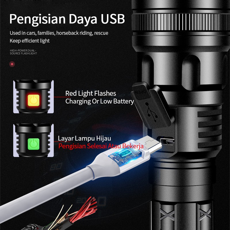 Anbolt Senter Super Terang Rechargeable ZOOM Rechargeable SUPER TERANG  LED Outdoor USB Rechargeable IPX4 tahan air kelas hidup Taktis Cahaya T6 18650 Battery