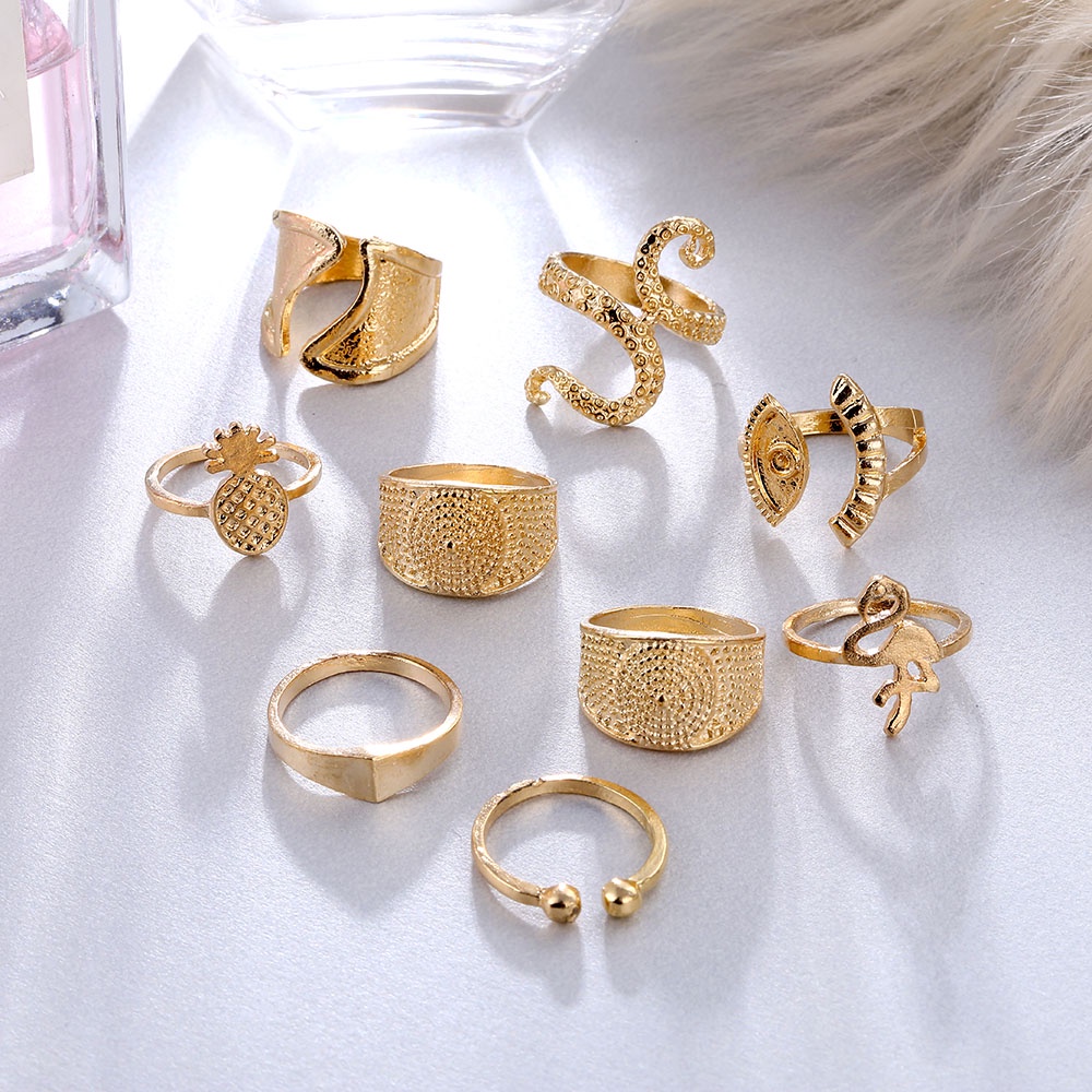 9pcs / Set Cincin Geometris Warna Emas Bahan Alloy Gaya Bohemian Untuk Wanita