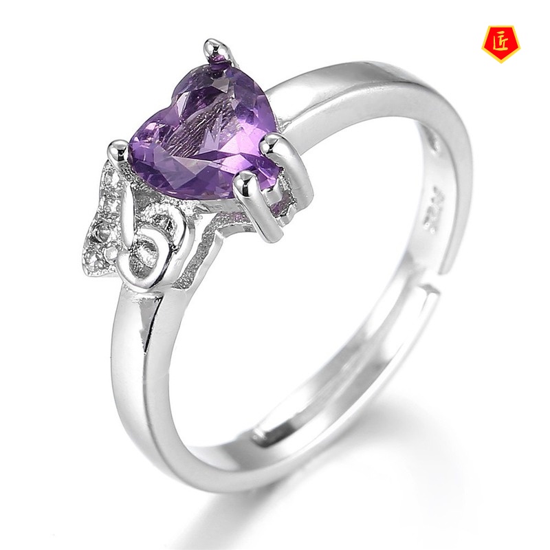 [Ready Stock]Korean Simple Fashion Heart Shape Amethyst Ring