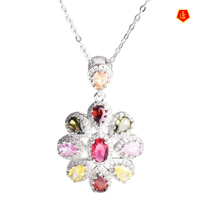 [Ready Stock]Luxury Colorful Tourmaline Pendant Micro-Inlaid Full Diamond Necklace Elegant