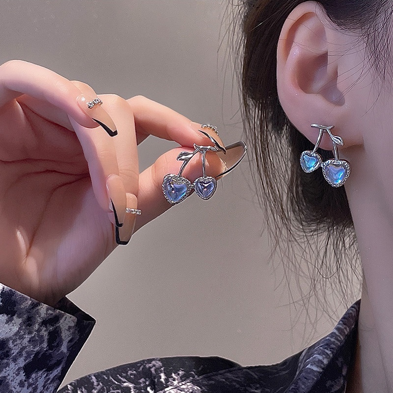 Anting Stud Desain Cherry Moonstone Bahan 925 silver needle Untuk Anak Perempuan