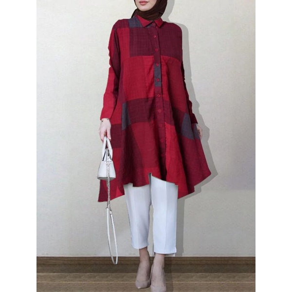 ZANZEA Tunik wanita import elegan motif kotak-kotak lengan panjang jumbo S-5XL Terbaru