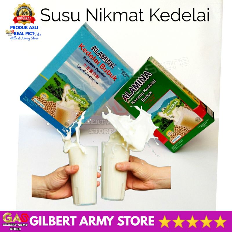 Susu Kedelai Bubuk ALAMINA Kacang  Murni Protein Milk Soybean Powder Varian Rasa Natural Original  Coklat Vanila  Muscle Suplement Makanan Fitnes Menurunkan Berat Badan GILBERT ARMY STORE Promo Terbaru 150gram 400