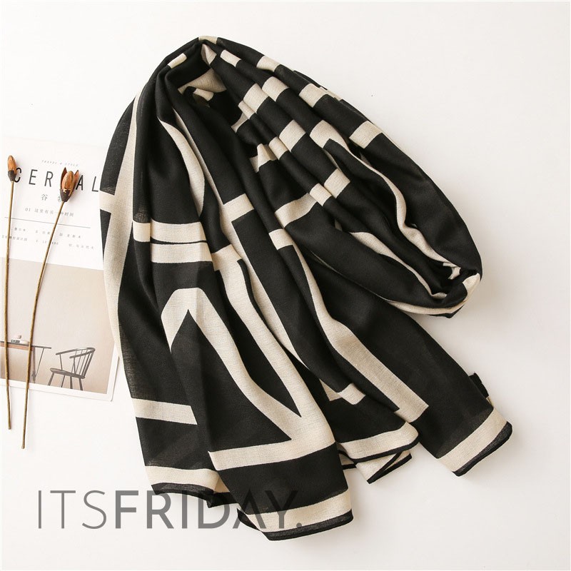 ITSFRIDAY ZETTA IN BLACK Scarf  - Premium Pashmina Shawl Selendang Syal Pasmina Hijab Import Motif Clasic Cream Black