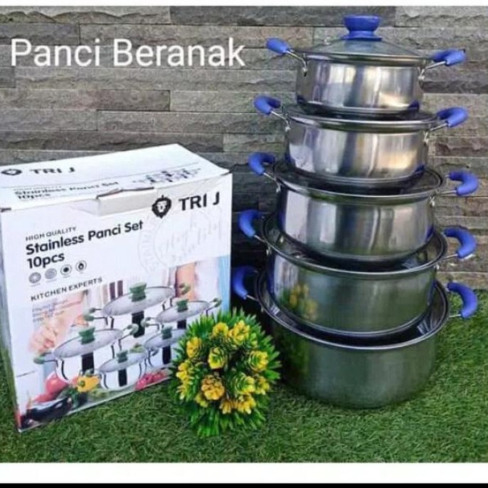 Panci Stainless 10 Pcs Set + Tutup Kaca Ndo  Tri J