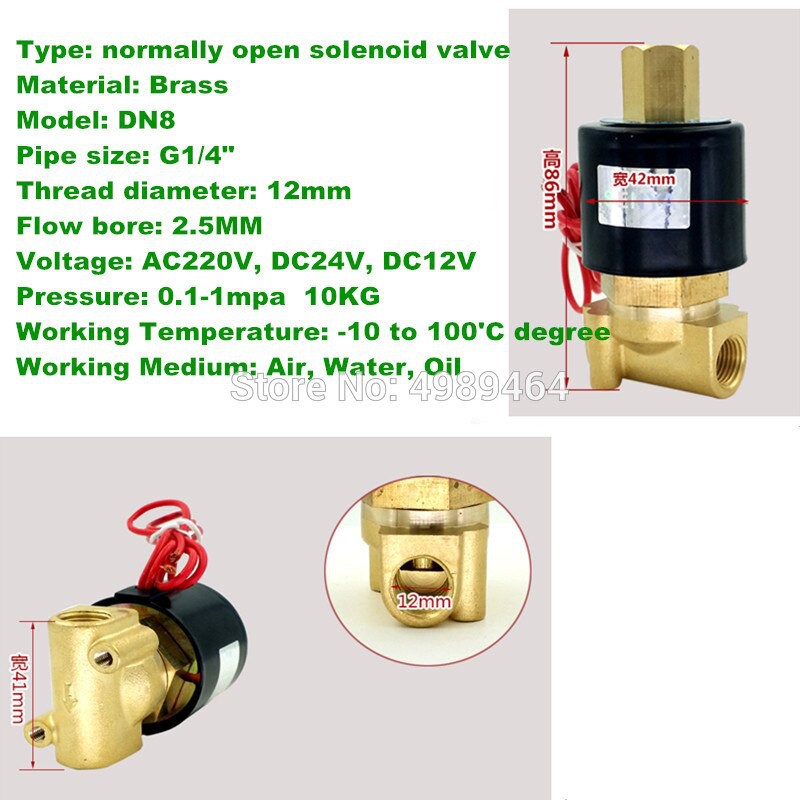Electric Solenoid Valve Water Air N/O 12V DC 1/4" Normally Open Type 