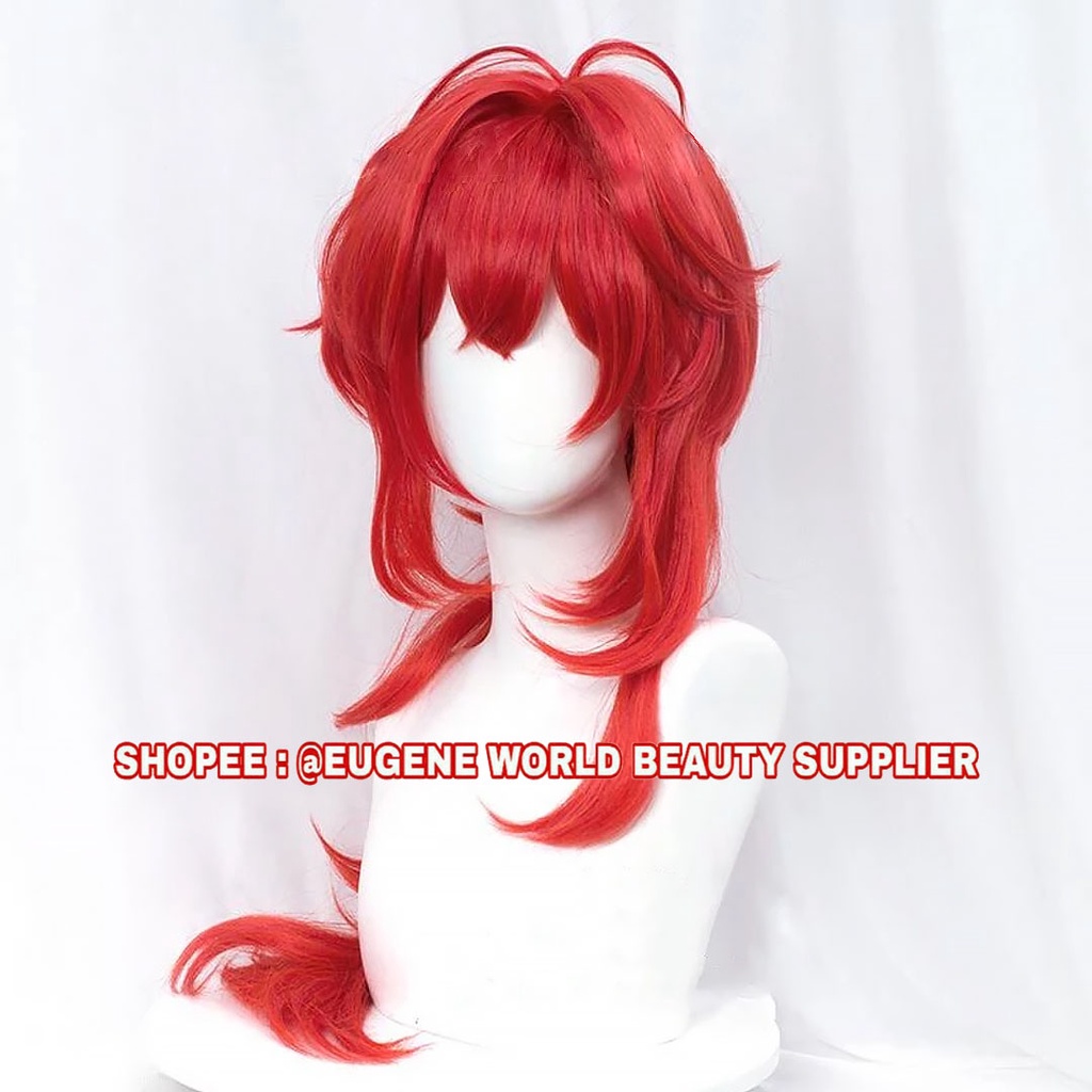 READY STOK - WIG DILUC WIG COSPLAY GAME GENSHIN IMPACT WIG COWO COWOK PRIA PANJANG CURLY WAVE KERITI