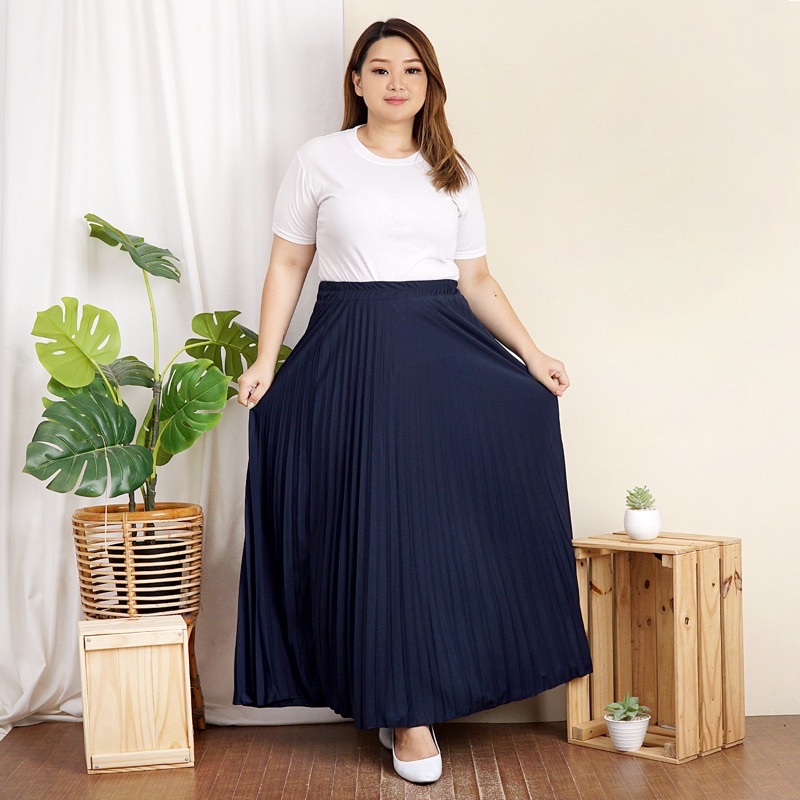 ROK PLISKET JUMBO XXL PAYUNG PLEATED SKIRT MURAH MUSLIM IBU ACARA POLOS ROK PANJANG PAYUNG MAYUNG-Navy