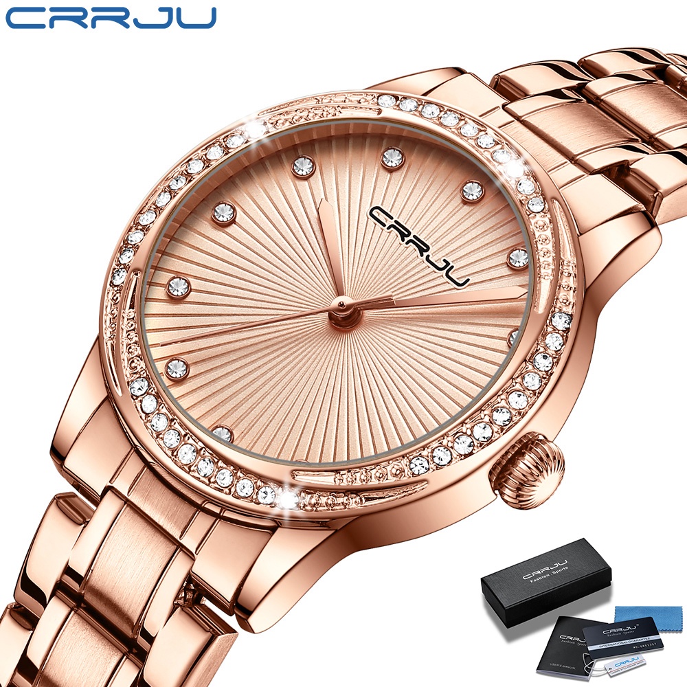 Jam Tangan Cewek Ori CRRJU Stainless Steel Jam Tangan Wanita Jam Fashion Wanita Jam Tangan Kuarsa Gerakan Jepang