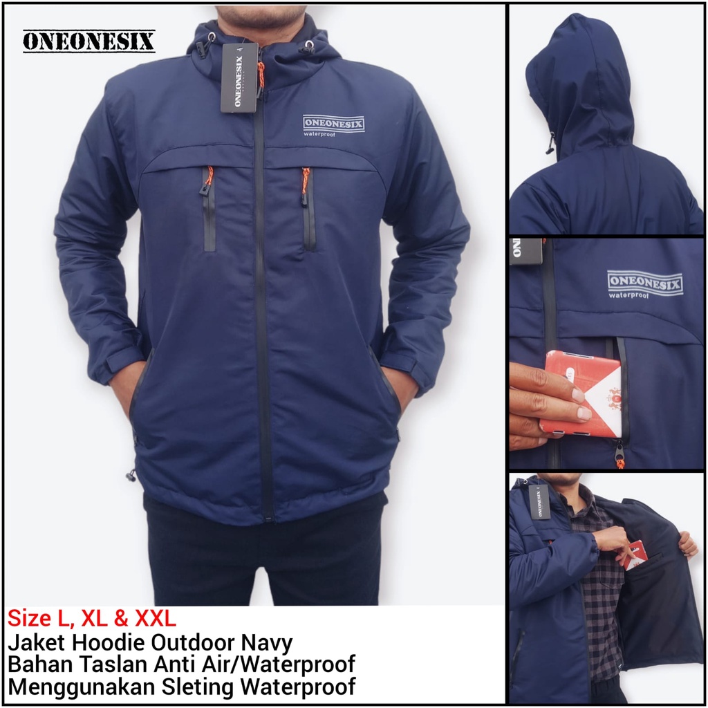 JAKET OUTDOOR WATERPROOF PRIA TASLAN JN PREMIUM JACKET HOODIE GUNUNG PARASUT ANTI AIR TRAVELING HIKING DEWASA-Navy