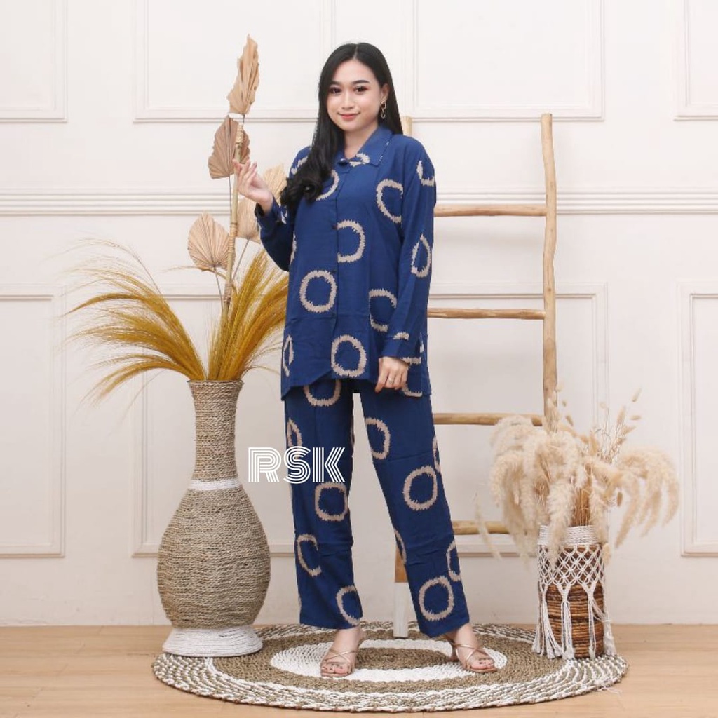 RSK - (BISA COD) Dialy One Set Pajamas Rayon -  Setelan Wanita Lengan Panjang - Setelan Tie Dye Terlaris-CINCIN NAVY
