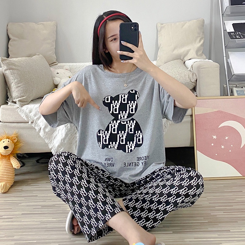 Setelan Piyama Lengan Pendek Baju Tidur Wanita Set Baju Tidur Wanita Dewasa Set Piyama Oversize-Grey Bear