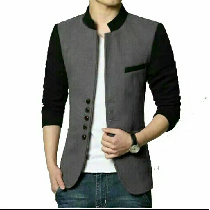 TERLARIS ! JAS BLAZER PRIA SLIMFIT KERAH MANDARIN RAIN GRAY ORIGINAL SLIMFIT / BLAZER PRIA WARNA ABU ABU TANGAN HITAM