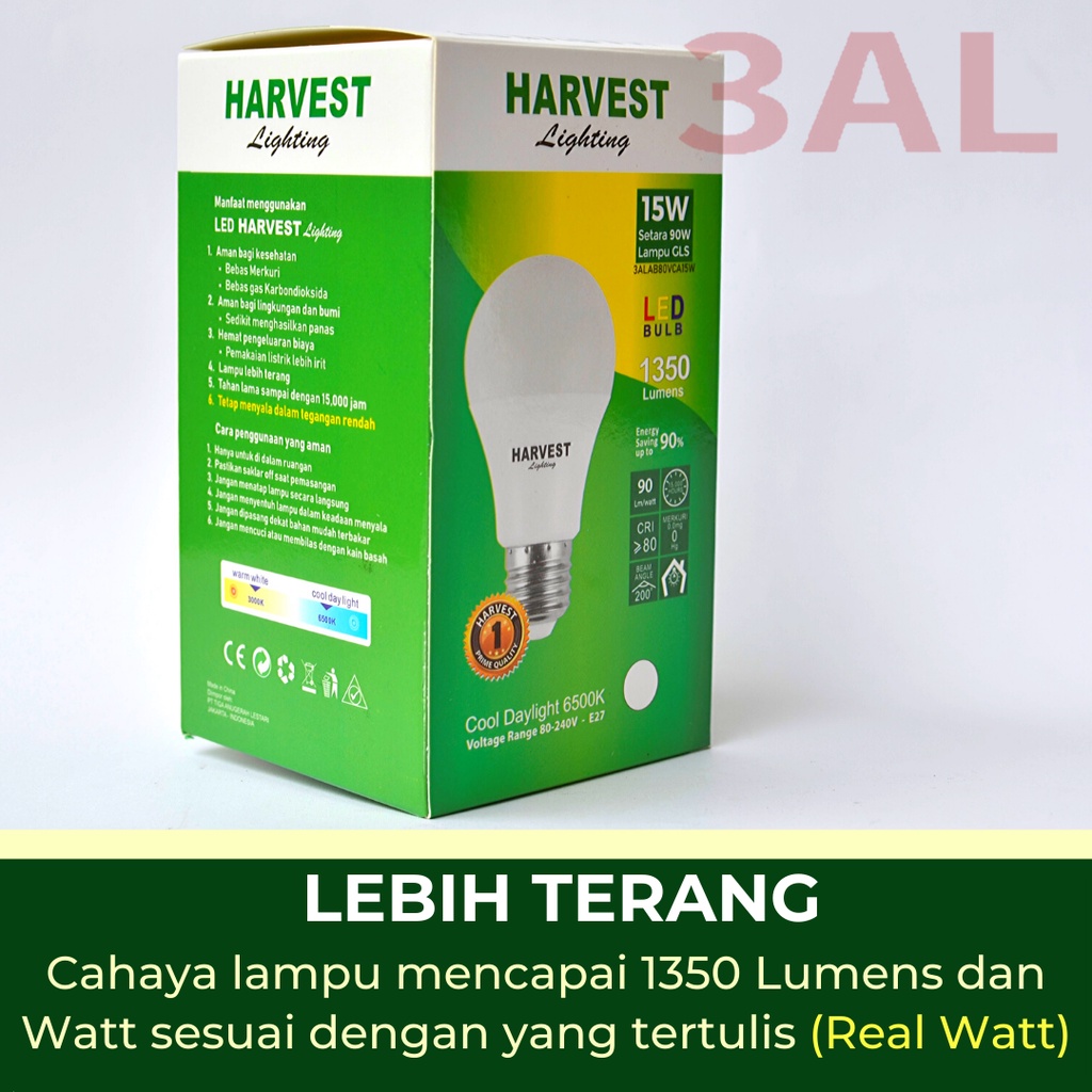 15W - Paket Isi 6 - HARVEST LIGHTING Lampu Bohlam LED A Bulb  15 Watt Lampu Hemat Energi Original Bersertifikasi SNI dan Bergaransi