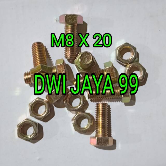 Baut mur kuning 8x20 kunci 12 mm panjang 2 cm