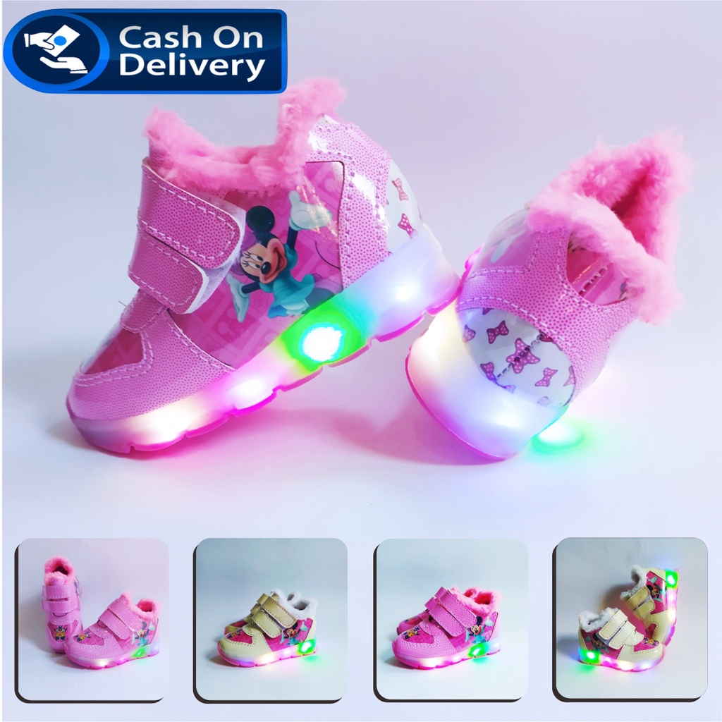 Sepatu Sneakers Anak Perempuan LED MICKEY Boot bulu / Sneakers Anak MENYALA Best Seller