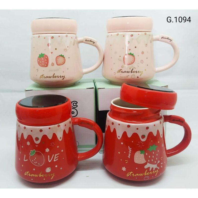 MUG Strawberry Gelas Mug Cangkir Keramik + Tutup Cermin