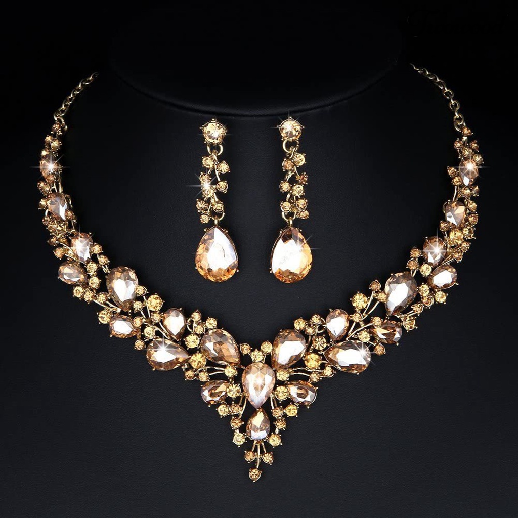 Twowood Alloy Wedding Jewelry Set Hollow Out Lightweight Shiny Rhinestone Necklace Earring Set for Banquet