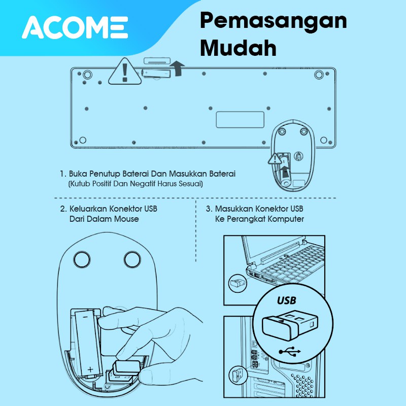 Acome Keyboard &amp; Mouse Combo Wireless Portable 1600 DPI Tombol Silikon Garansi Resmi 1 Tahun AKM2000